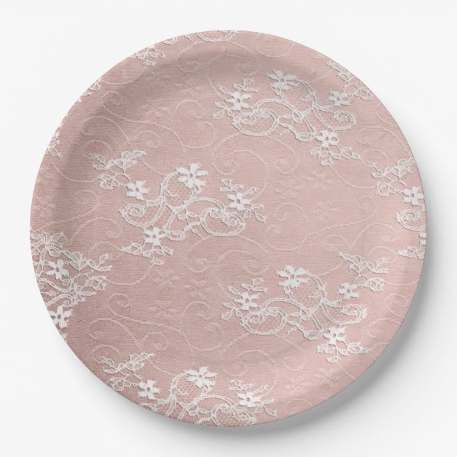 Assiettes En Carton Dentelle rose et blanche Shabby Plaque de papier c (Devant)