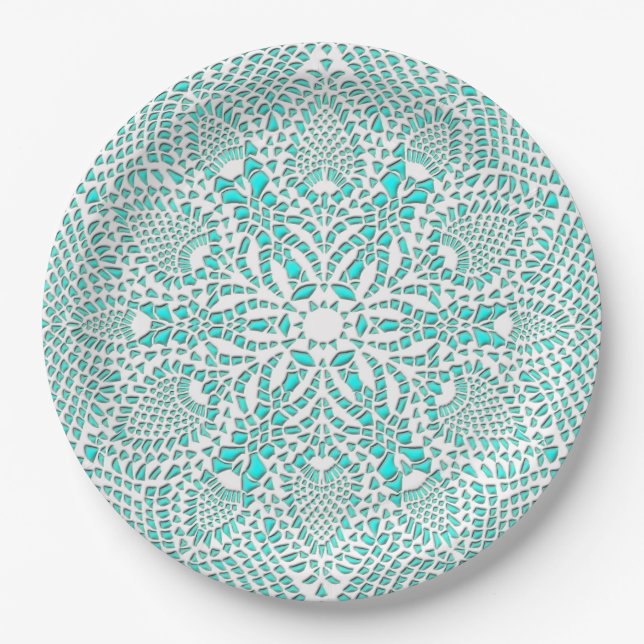 Assiettes En Carton Dentelle victorienne Arrière - plan turquoise (Devant)