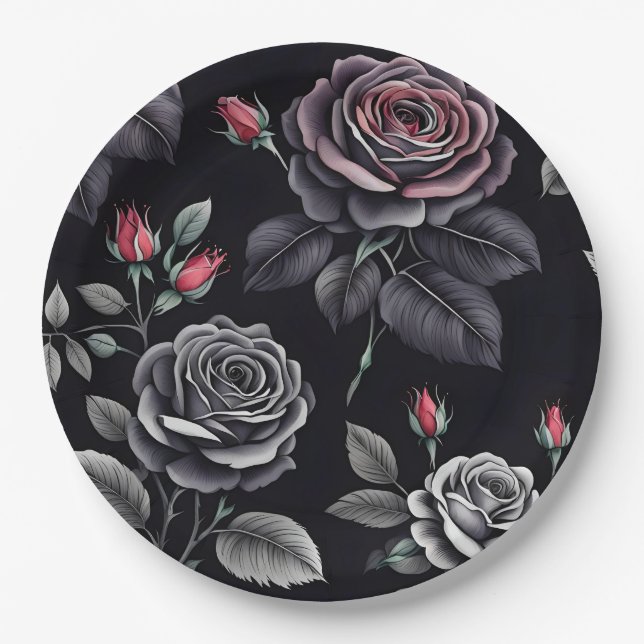 Assiettes En Carton Design d'art floral Rose sombre (Devant)