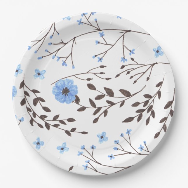 Assiettes En Carton Design floral en bleu et marron (Devant)