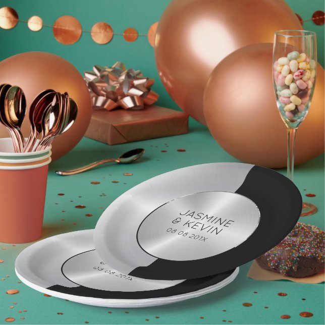 Assiettes En Carton Design géométrique argenté et noir élégant (Multi)