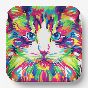 Assiettes En Carton Design Géométrique Prismatique Visage de Chat-3245