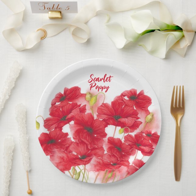 Assiettes En Carton Design personnalisé Scarlet Poppy. (Mariage)