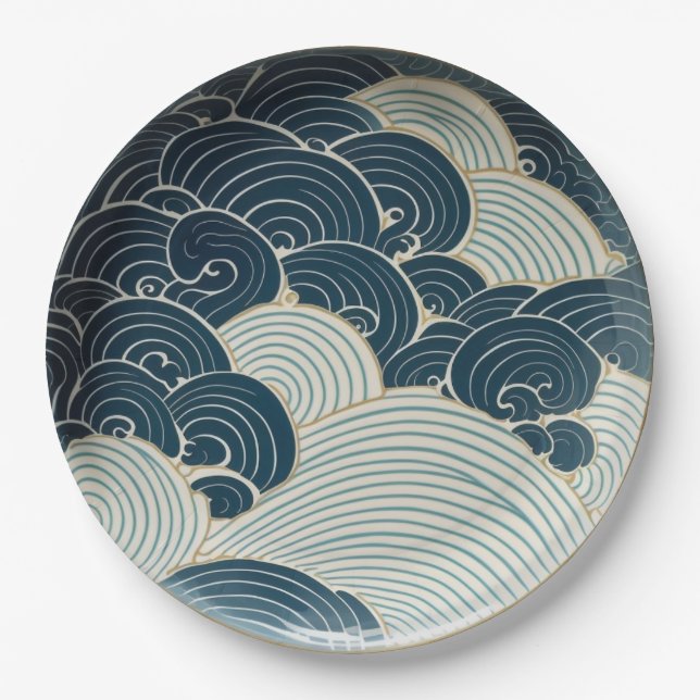 Assiettes En Carton Design traditionnel japonais Blue Wave en céramiqu (Devant)