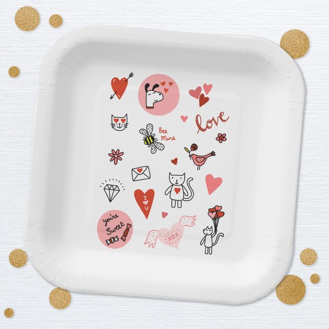 Assiettes En Carton Dessin animé d'amour mignon (Cute love themed paper party plates for Valentines Day, engagement, wedding and celebrations)