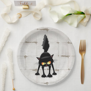 Assiettes En Carton Dessin animé de chat noir drôle et féroce