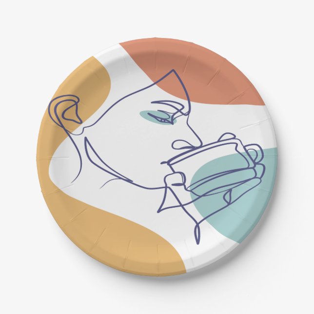 Assiettes En Carton dessin d'art affiche d'une femme buvant du café (Devant)