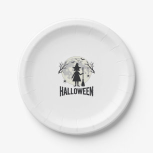 Assiettes En Carton Dessin de gravure vintage de sorcière de Halloween
