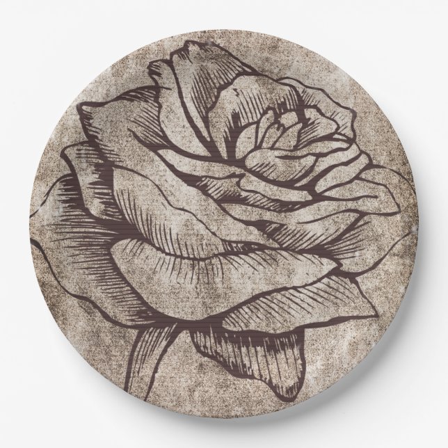 Assiettes En Carton Dessin d'encre Rose rustique (Devant)