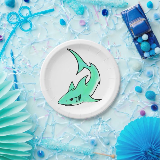 Assiettes En Carton dessin souriant requin menthe bleu vert océan anim (Fête)
