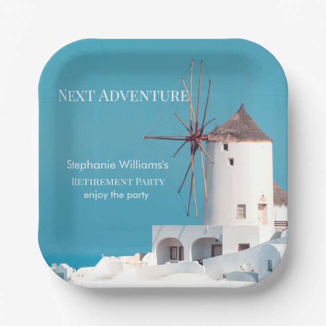 Assiettes En Carton Destination Retraite Party Grec Blanc Bleu (Recto)