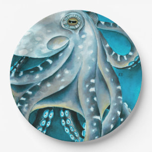 Assiettes En Carton Détails de l'aquarelle bleue octopus