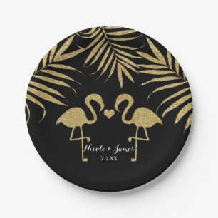 Assiettes En Carton Deux Flamants roses Love Black & Gold Wedding Part
