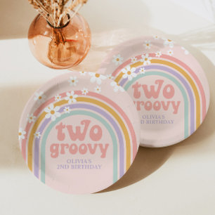 Assiettes En Carton deux Groovy Pastel arc-en-ciel 2e anniversaire