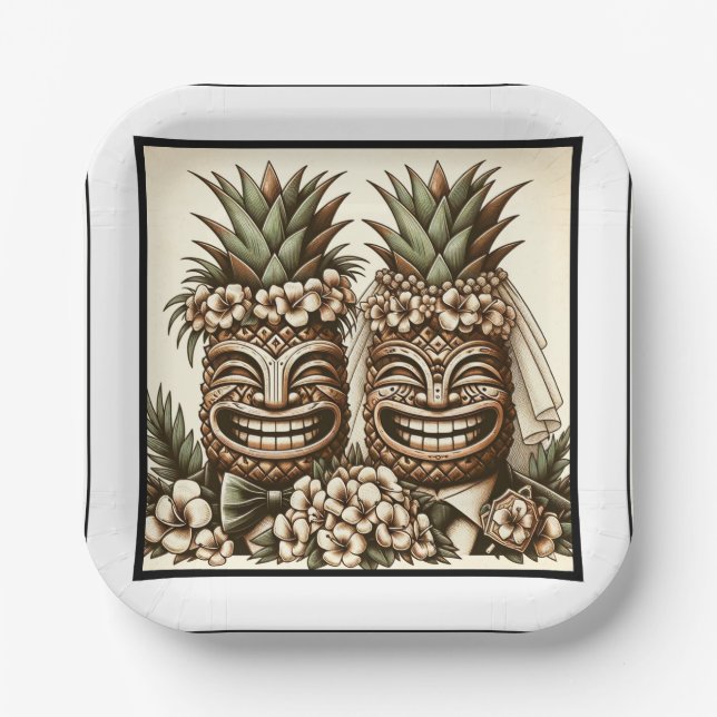 Assiettes En Carton Deux mariés Tête de Tiki de l'ananas gay Mariage R (Recto)