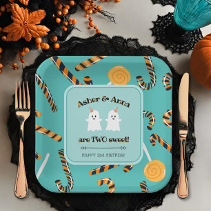Assiettes En Carton Deux mignonnes Ghost jumeau Halloween Joyeux anniv