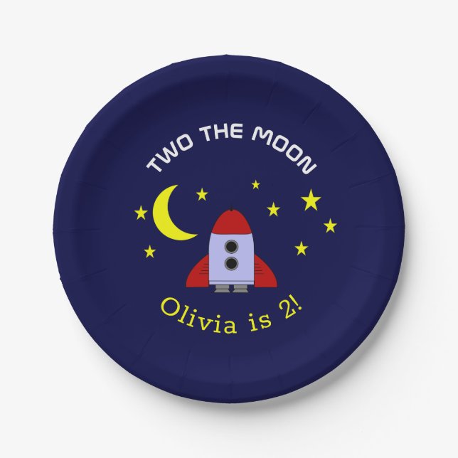 Assiettes En Carton Deux Moon Space Rocket Ship 2e anniversaire (Devant)