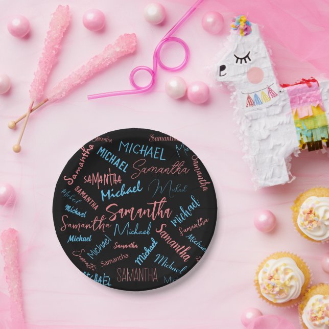 Assiettes En Carton Deux noms couples motif monogramme bleu rose clair (Fête)