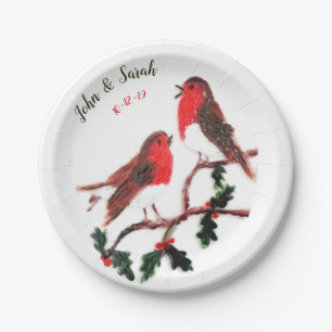 Assiettes En Carton Deux oiseaux rouges Noël de mariage de houx d'hive