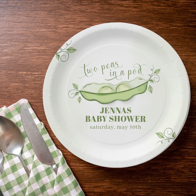 Assiettes En Carton Deux pois neutres pour le genre dans un vert de po (Gender Neutral Baby Shower Custom Paper Plate.)