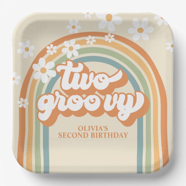 Assiettes En Carton Deux Super Retro Rainbow Daisy Anniversaire (Recto)