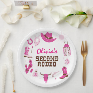 Assiettes En Carton Deuxième Rodéo Rose Cow-boy Occidental 2ème Annive