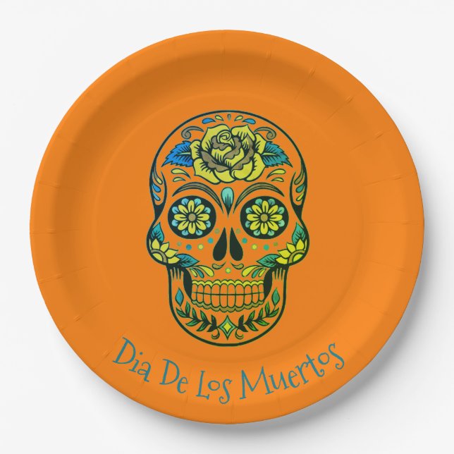 Assiettes En Carton Dia De Los Muertos Sugar Skull Party Orange (Devant)