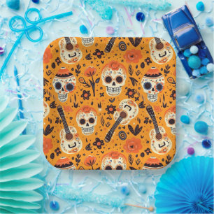 Assiettes En Carton Dia de Muertos, guitares et crânes de sucre orange