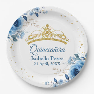 Assiettes En Carton Diadème doré Quinceanera paillettes et fleurs bleu