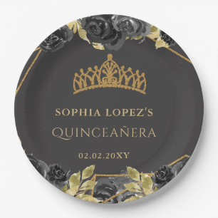 Assiettes En Carton Diadème floral élégant noir or Quinceanera