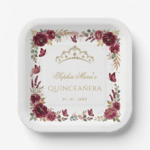 Assiettes En Carton Diadème papillon floral Bourgogne Or Quinceañera