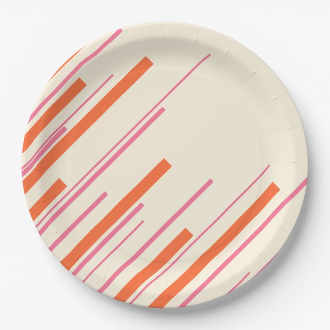 Assiettes En Carton Diagonales - rose, orange et crème (Devant)