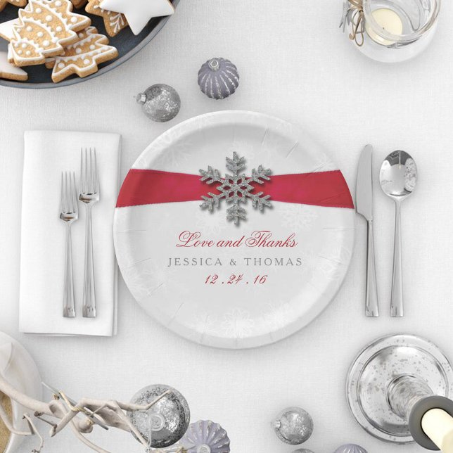 Assiettes En Carton Diamante Flocon de neige et Ruban rouge Mariage d' (Créateur téléchargé)