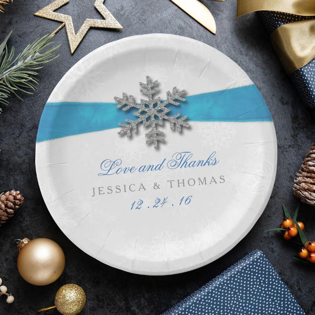 Assiettes En Carton Diamante Snowflake & Blue Ribbon Mariage d'hiver (Créateur téléchargé)