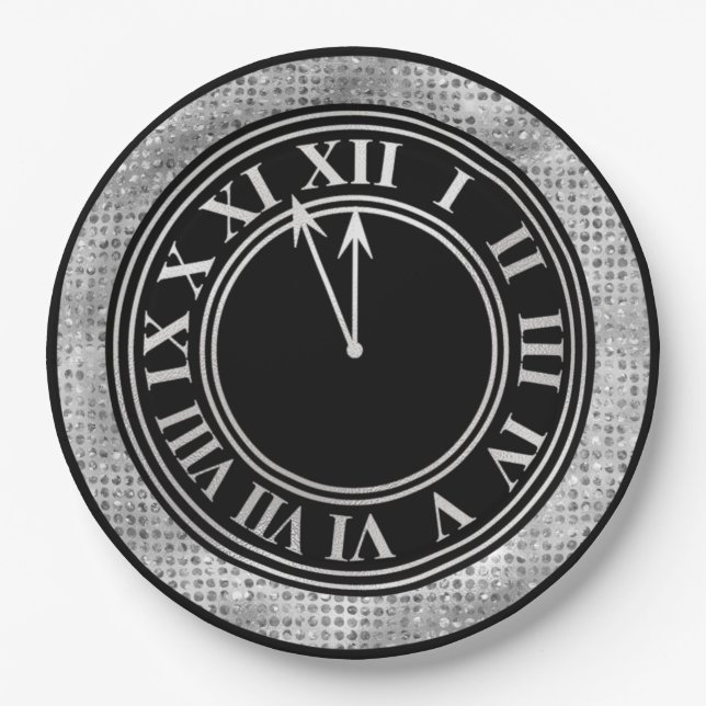 Assiettes En Carton Diamants d'argent glamour Horloge du Nouvel An (Devant)