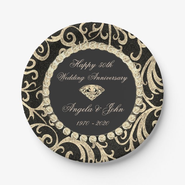 Assiettes En Carton Diamants Gold Swirls 50e anniversaire Mariage (Devant)