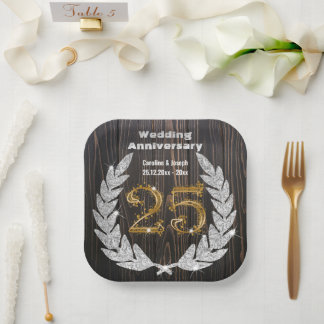 Assiettes En Carton Diamond Laurel & 25TH Gold, Anniversaire Mariage P