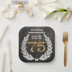 Assiettes En Carton Diamond Laurel & 75TH Gold, Anniversaire Mariage P