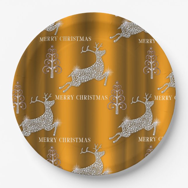 Assiettes En Carton Diamond Reindeer et Shiny Gold Christmas (Devant)