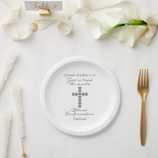 Assiettes En Carton Dieu Aima Tant le Monde Cœur Argenté Croix Blanche