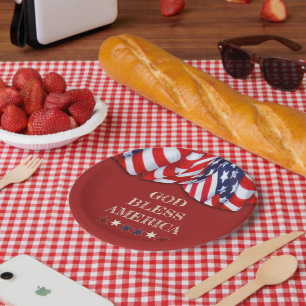 Assiettes En Carton Dieu patriotique bénir l'Amérique Rouge Blanc Bl