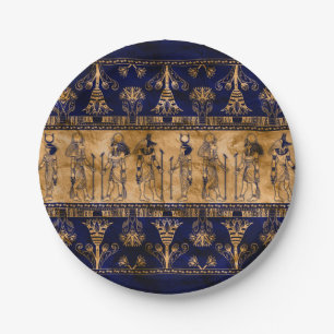 Assiettes En Carton Dieux égyptiens et frontière ornementale -or bleu
