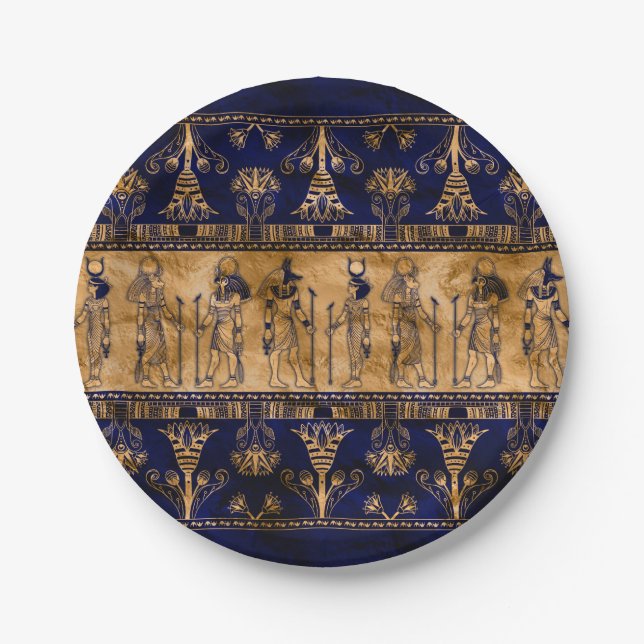 Assiettes En Carton Dieux égyptiens et frontière ornementale -or bleu (Devant)