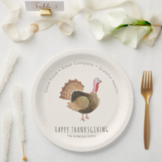 Assiettes En Carton Dindon aquarelle de Thanksgiving à cœur reconnaiss