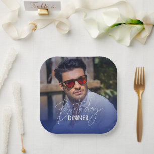 Assiettes En Carton Dîner d'anniversaire avec photo à dégradé de bleu 