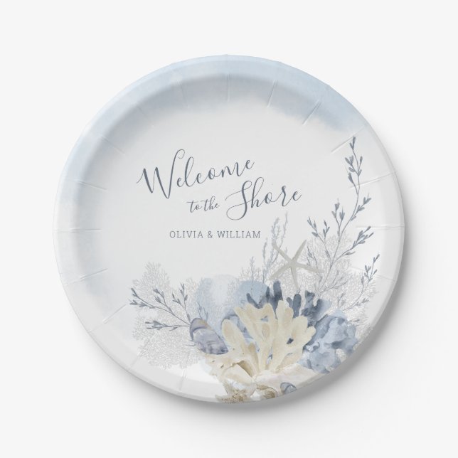 Assiettes En Carton Dîner de bienvenue sur la plage à l'aquarelle (Devant)