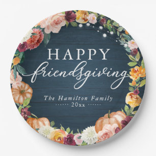 Assiettes En Carton Dîner de Friendsgiving avec des fleurs automnales