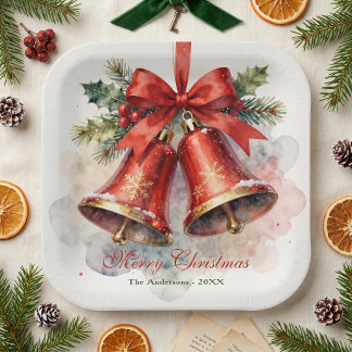 Assiettes En Carton Dîner de Noël à l'aquarelle cloches rouges vintage