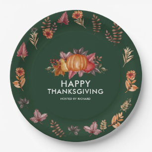 Assiettes En Carton Dîner de Thanksgiving vert émeraude floral