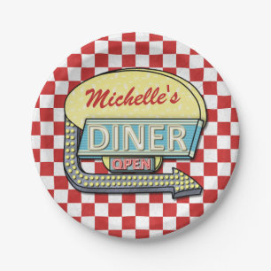 Assiettes En Carton Diner Signe rouge Retro les années 50 À damiers 